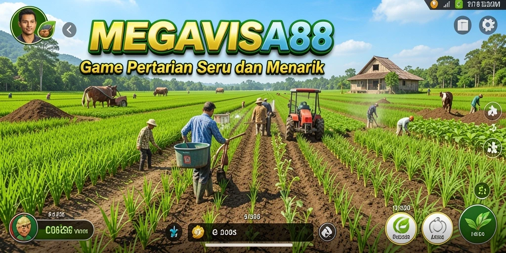 Screenshot MEGAVISA88 menampilkan aktivitas pertanian yang menyenangkan dan berwarna.