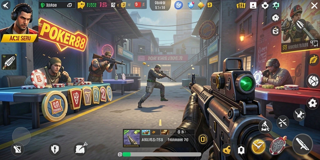 Tangkapan layar menampilkan aksi intens dalam game FPS POKER88.